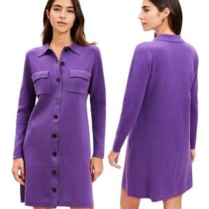 LOFT Purple Long Sleeve Button-Front Shirt Dress